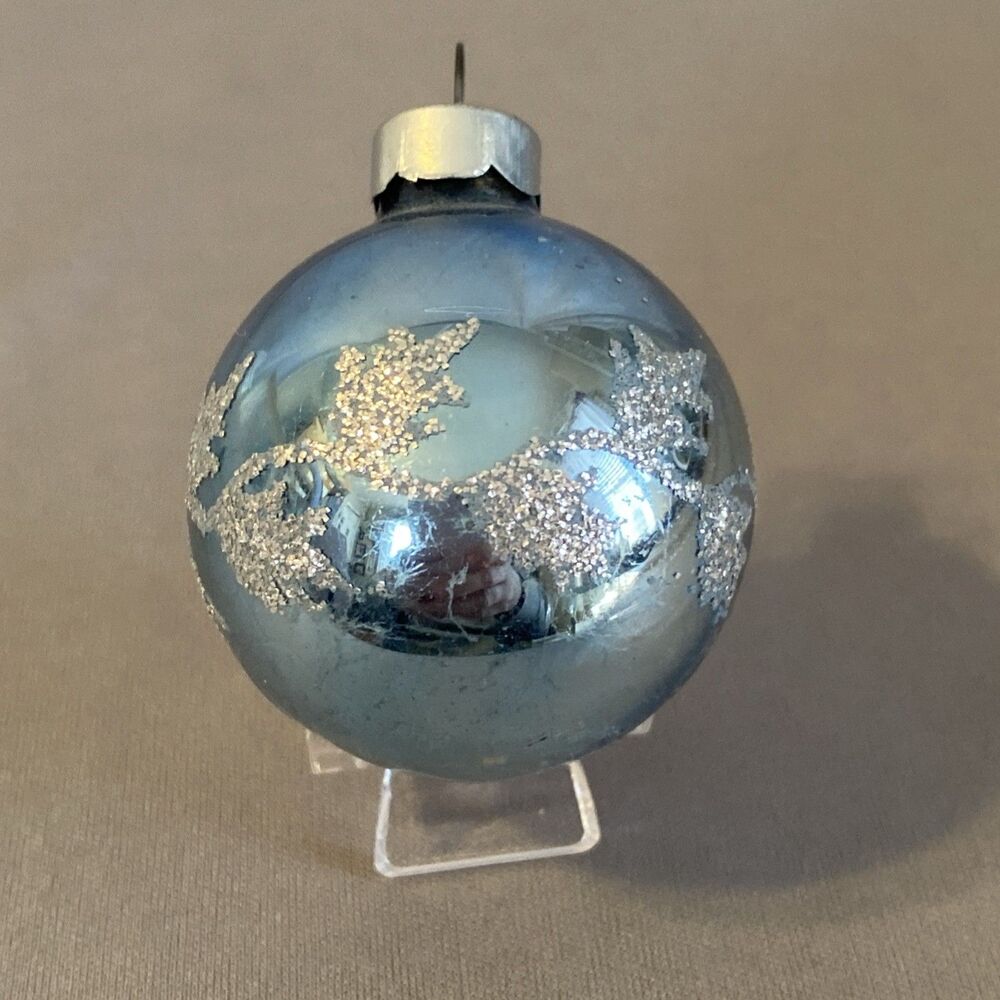 Vintage Glass Ball Christmas Ornament Blue Leaf Glitter Stencil Holiday Tree